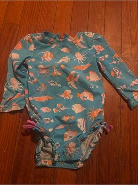 Hatley Teal Blue Long Sleeve Kids Swim One-Piece with Orange & Pink Fish